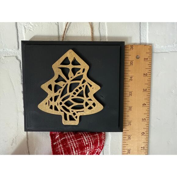 Christmas Holiday Card Holder Black Wooden Topper Gold Tree Red Ribbon - Picture 4 of 6